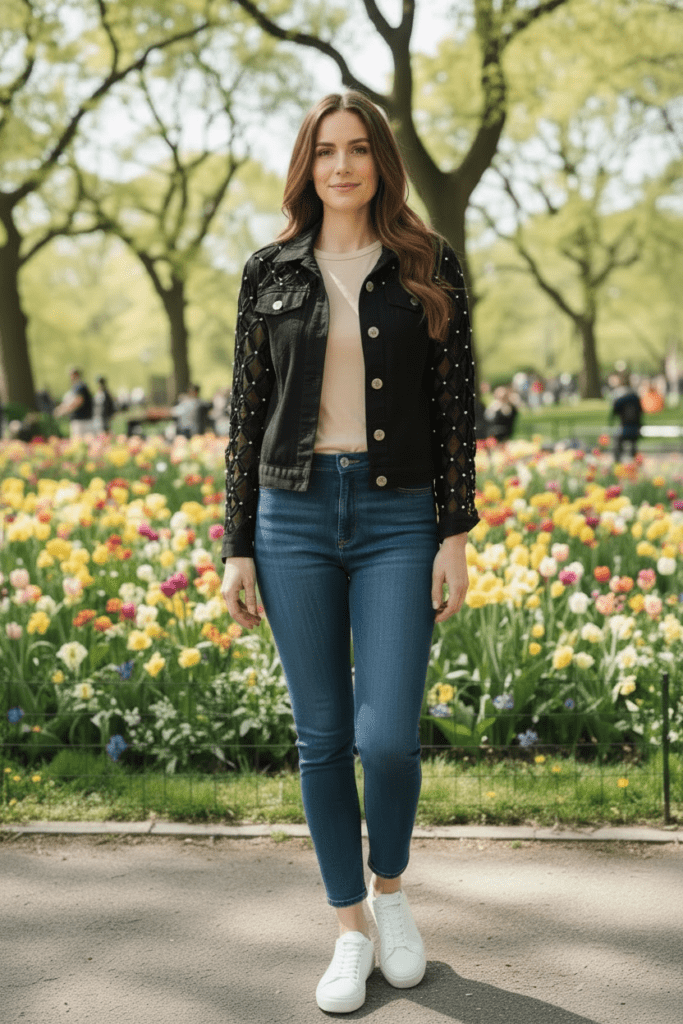 Midnight Pearl & Rhinestone Sheer Sleeve Black Denim Jacket