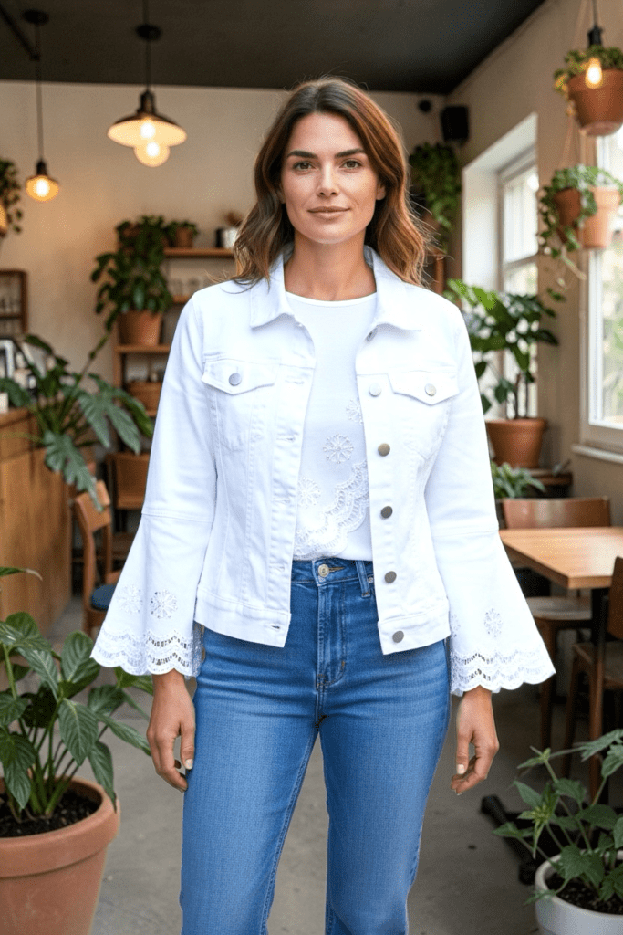 White Embellished Pattern Crystal Bell Sleeve Denim Jacket