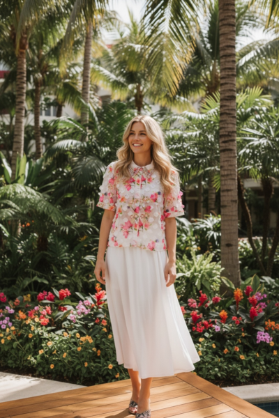 Floral Shirt with Pink Crystals in the Collar