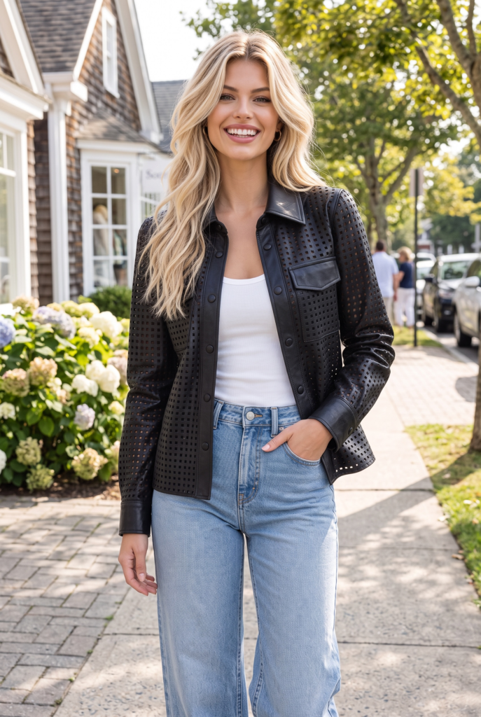 Black Pleather Openwork Snap-Button Shirt Jacket