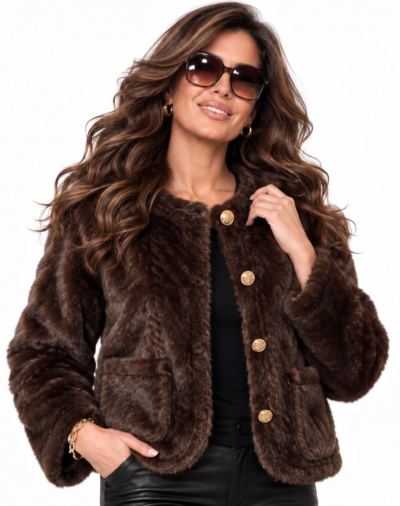 Chocolate Brown Faux Fur Chanel-Inspired Jacket