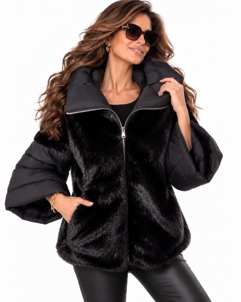 Black Hooded Faux Fur & Quilted Puffer Jacket
